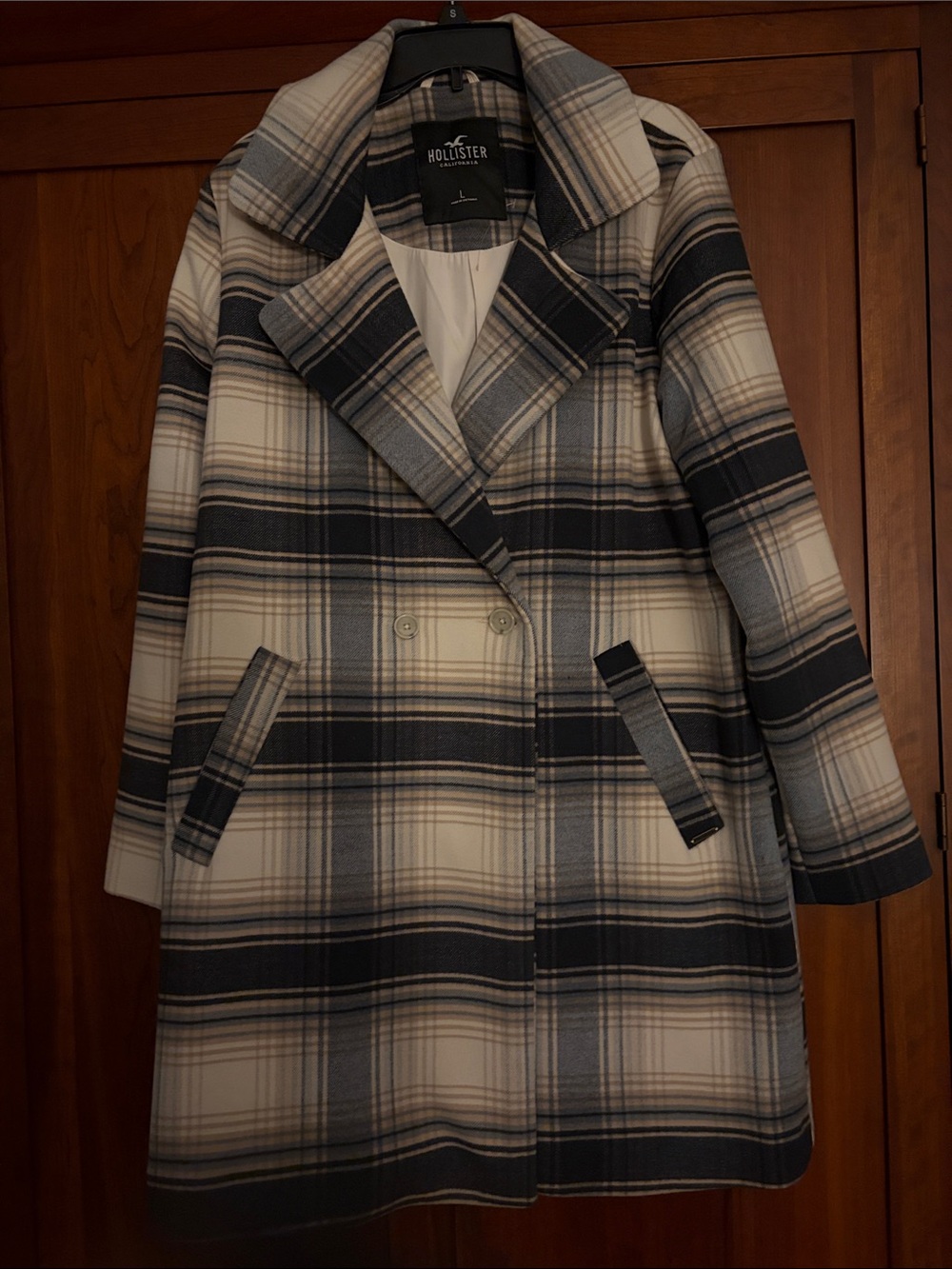Hollister Cream and Black Plaid Pea Coat